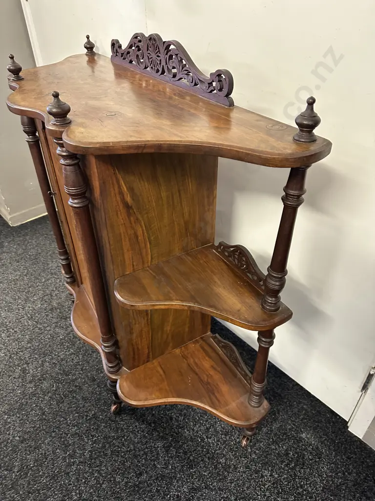 Victorian Walnut Burr & Marquetry Whatnot With Single Door, Pierced Fret Work On Castors With Key Image 1++