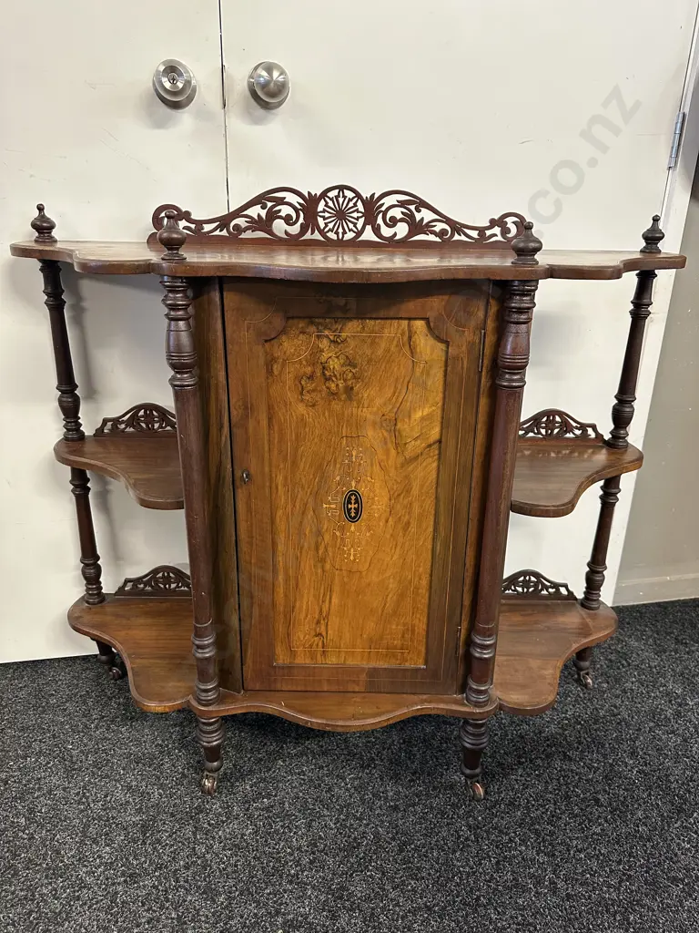 Victorian Walnut Burr & Marquetry Whatnot With Single Door, Pierced Fret Work On Castors With Key Image 1++