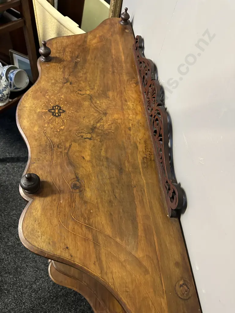 Victorian Walnut Burr & Marquetry Whatnot With Single Door, Pierced Fret Work On Castors With Key Image 1++