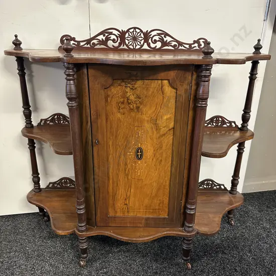 Victorian Walnut Burr & Marquetry Whatnot With Single Door, Pierced Fret Work On Castors With Key