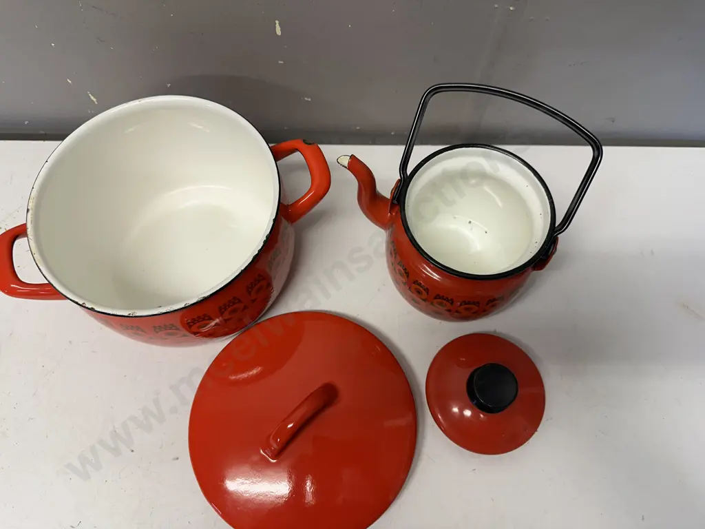 Vintage MCM Kaj Franck Finel Arabia Red Daisy Enamel Saucepan & Teapot - Finland Image 1++