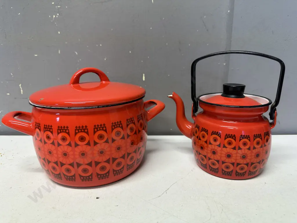 Vintage MCM Kaj Franck Finel Arabia Red Daisy Enamel Saucepan & Teapot - Finland Image 1++