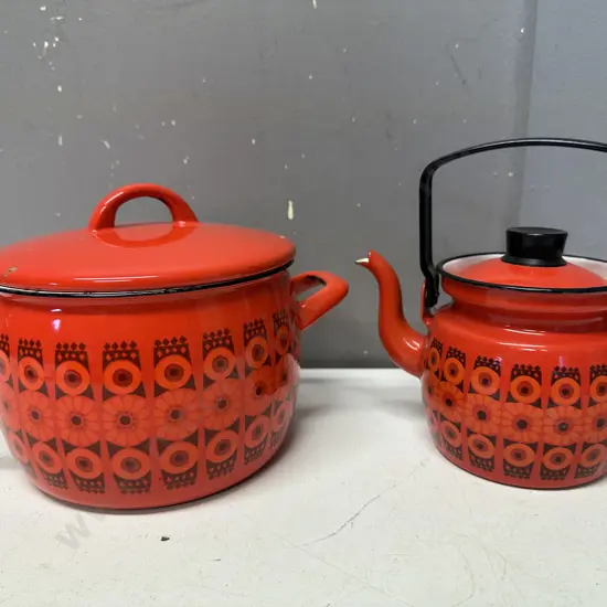 Vintage MCM Kaj Franck Finel Arabia Red Daisy Enamel Saucepan & Teapot - Finland