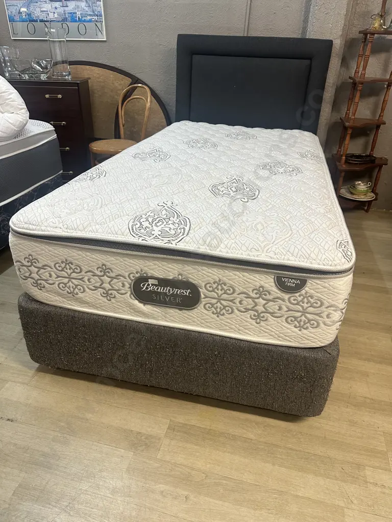 Ex Harvey Norman 2024 King Single Bed Beauty Rest Silver With Grey Fabric Head Board  Image 1++