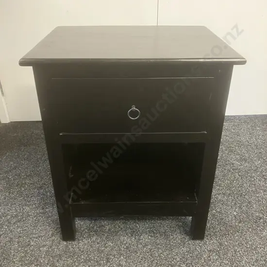 Black Wooden Single Drawer Bedside. H60 W50 D40cm