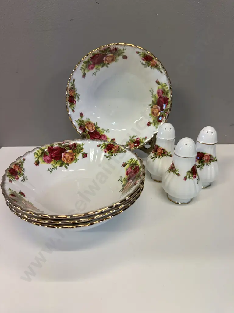 Royal Albert Old Country Roses Bone China Bowls x4 With Salt & Pepper Shakers x3 - Made in England. 1962-1973 Image 1++