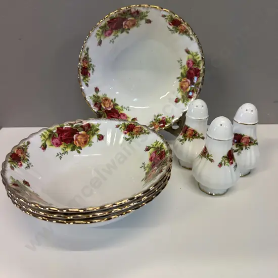Royal Albert Old Country Roses Bone China Bowls x4 With Salt & Pepper Shakers x3 - Made in England. 1962-1973