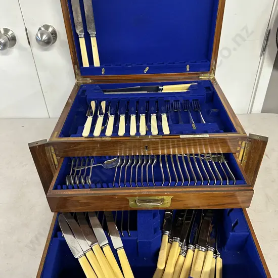 Antique Harrison & Bros Sheffield Oak Canteen of Cutlery With Large Selection Assorted Flatware