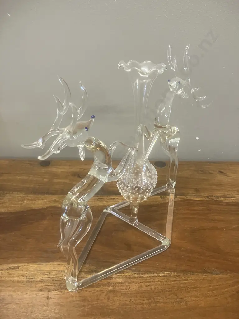 Clear Hand Blown Glass Deer Centrepiece - Two Reindeer With Bud Vase. 24 x 31cm Image 1++