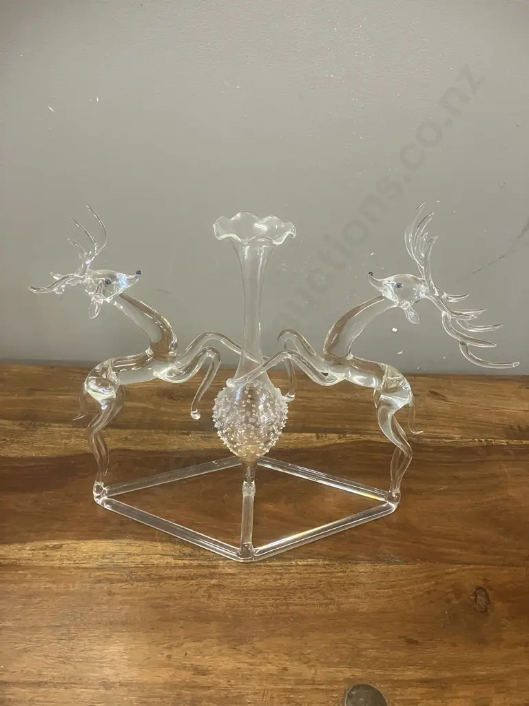 Clear Hand Blown Glass Deer Centrepiece - Two Reindeer With Bud Vase. 24 x 31cm Image 1++