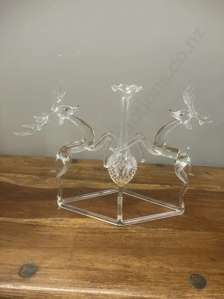 Clear Hand Blown Glass Deer Centrepiece - Two Reindeer With Bud Vase. 24 x 31cm Image 1++