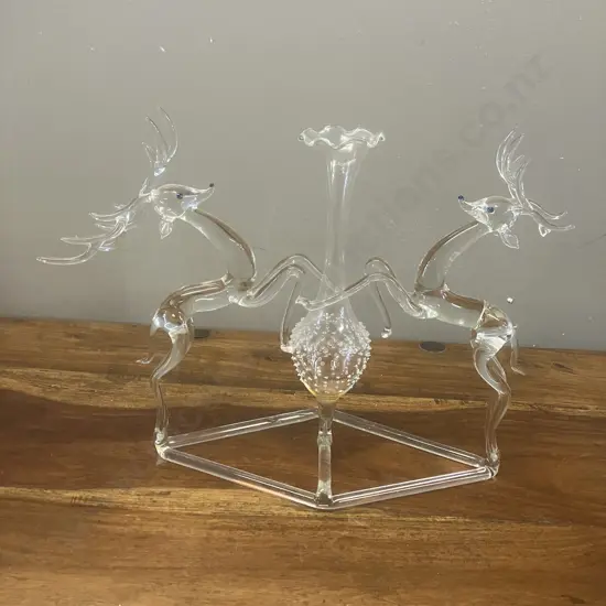 Clear Hand Blown Glass Deer Centrepiece - Two Reindeer With Bud Vase. 24 x 31cm