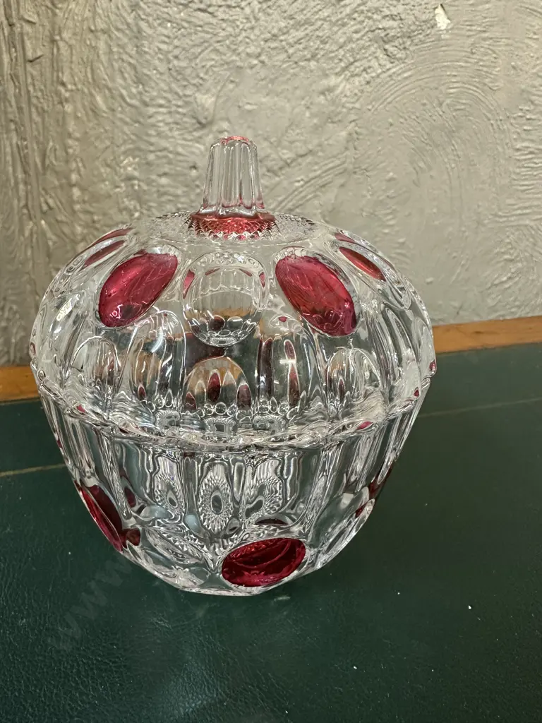 Vintage Round Lidded Candy Dish With Red Dot Design Image 1++