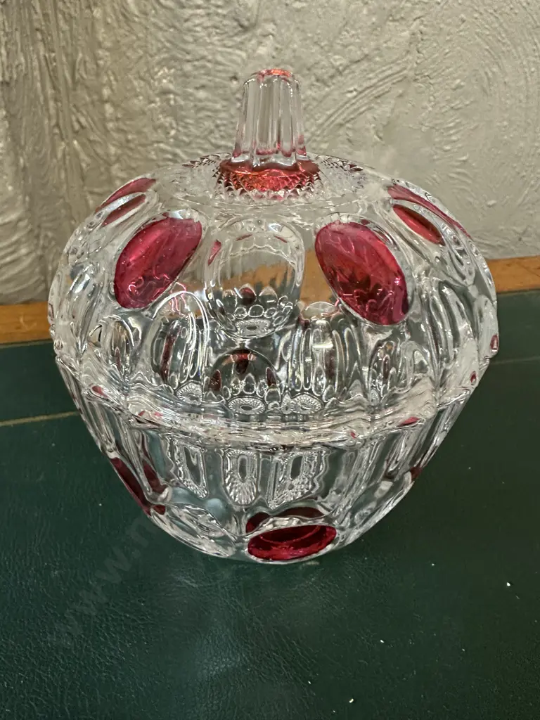 Vintage Round Lidded Candy Dish With Red Dot Design Image 1++