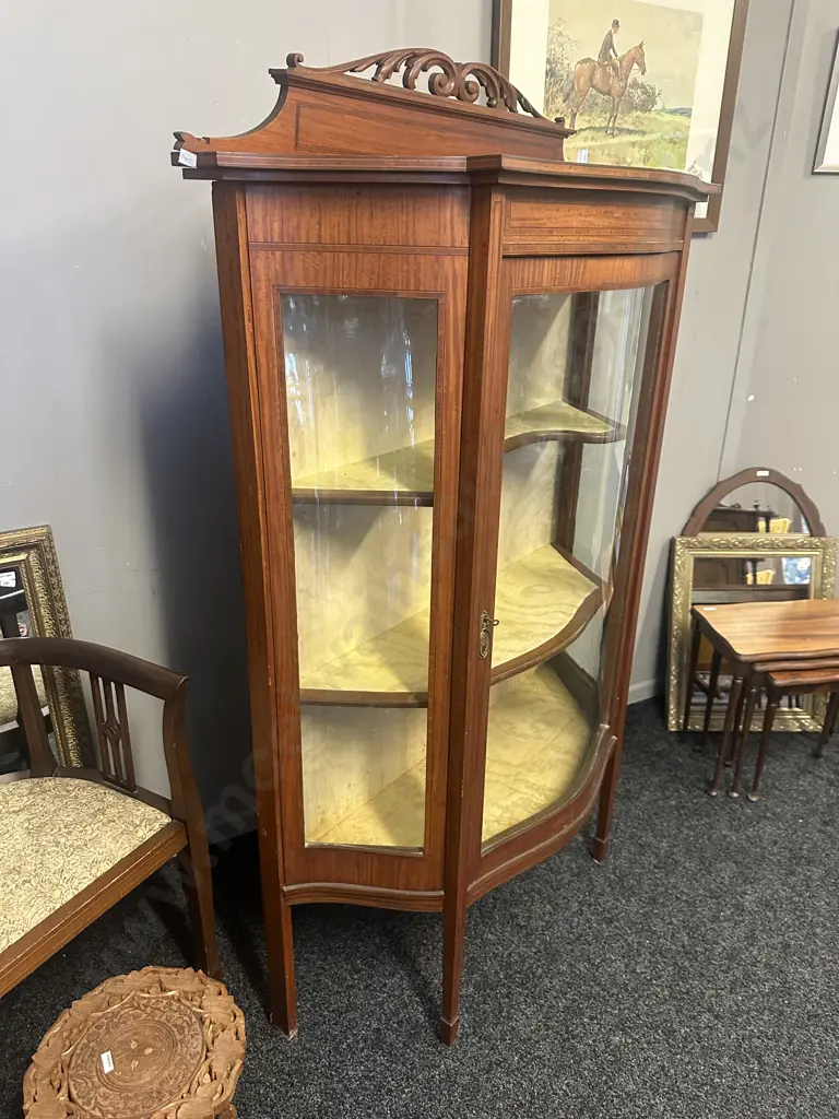 Antique Victorian Bow Front Satinwood Display Cabinet Single Door Tapered Legs H166 W104 D40cm. Image 1++