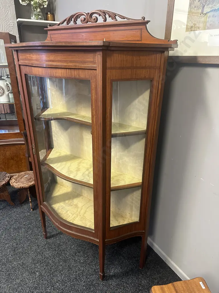 Antique Victorian Bow Front Satinwood Display Cabinet Single Door Tapered Legs H166 W104 D40cm. Image 1++