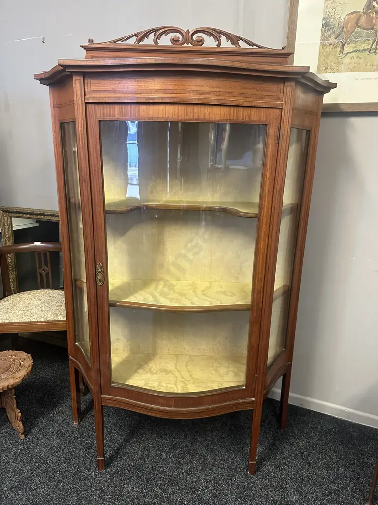 Antique Victorian Bow Front Satinwood Display Cabinet Single Door Tapered Legs H166 W104 D40cm. Image 1++
