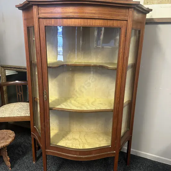 Antique Victorian Bow Front Satinwood Display Cabinet Single Door Tapered Legs H166 W104 D40cm.
