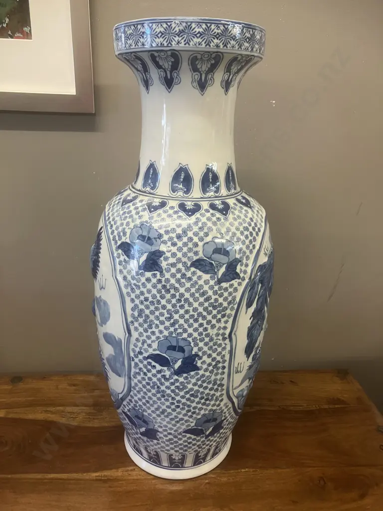 20th Century Large Chinese Blue & White Floor Vase With Raised Relief Dragon & Pheonix Pattern. H62.5cm Image 1++