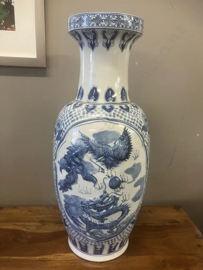 20th Century Large Chinese Blue & White Floor Vase With Raised Relief Dragon & Pheonix Pattern. H62.5cm Image 1++