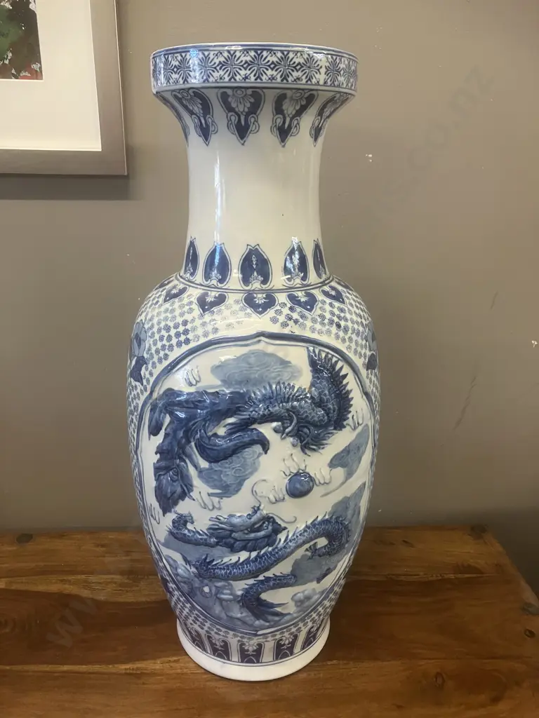 20th Century Large Chinese Blue & White Floor Vase With Raised Relief Dragon & Pheonix Pattern. H62.5cm Image 1++