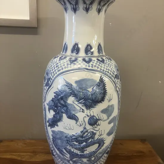 20th Century Large Chinese Blue & White Floor Vase With Raised Relief Dragon & Pheonix Pattern. H62.5cm