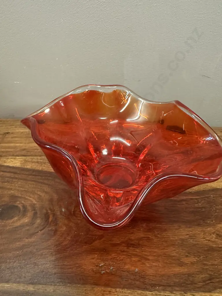 Mic Century Orange Art Glass Ruffled Edge Bowl H95cm. Image 1++