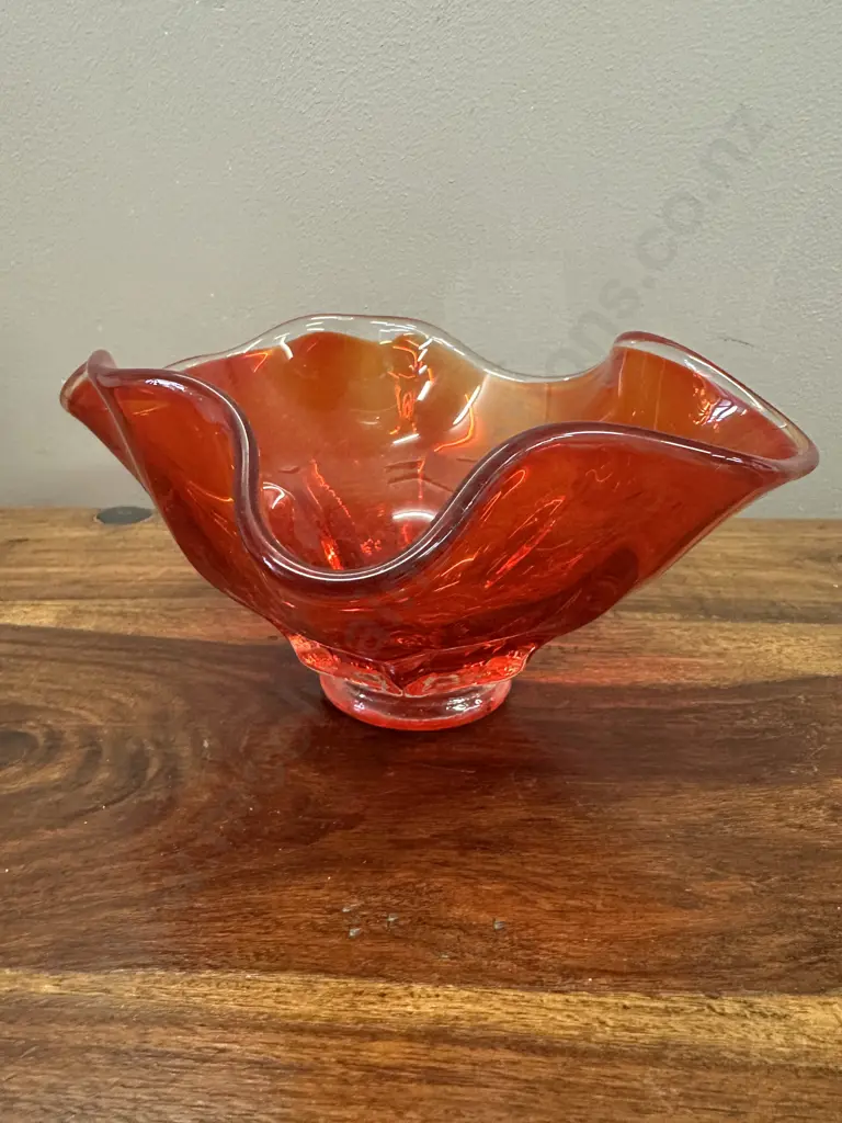 Mic Century Orange Art Glass Ruffled Edge Bowl H95cm. Image 1++