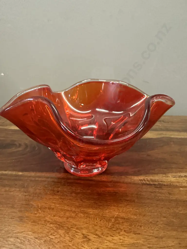 Mic Century Orange Art Glass Ruffled Edge Bowl H95cm. Image 1++
