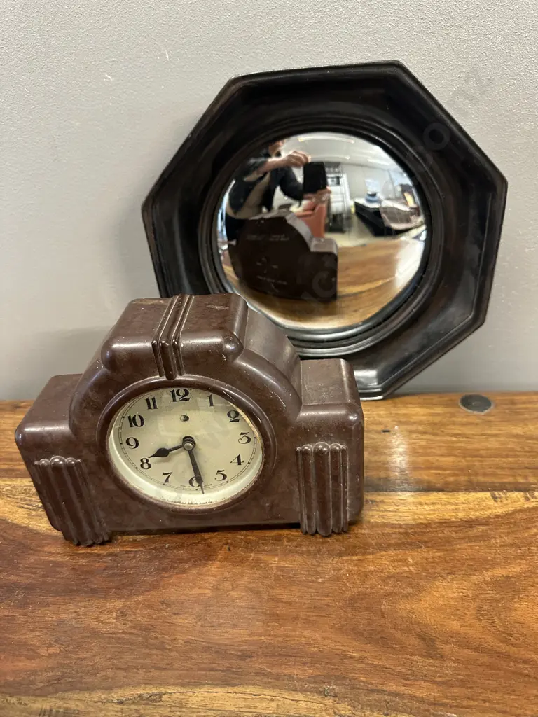 Vintage Bakelite English Mantle Clock & Octgon Convex Wall Mirror Image 1++