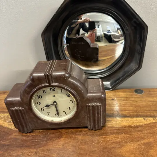 Vintage Bakelite English Mantle Clock & Octgon Convex Wall Mirror