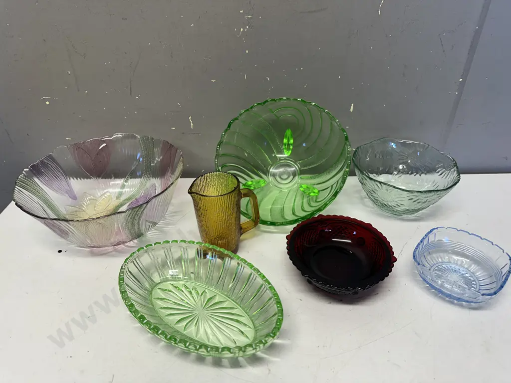 Selection Of Coloured Glass Items Including Depression Glass, Avon Glass Etc Image 1++