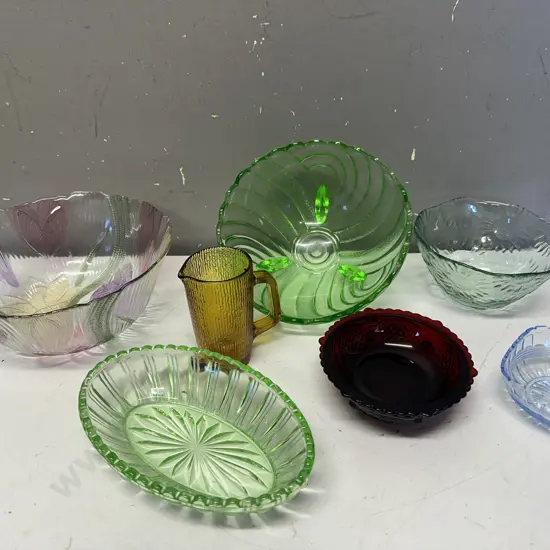Selection Of Coloured Glass Items Including Depression Glass, Avon Glass Etc