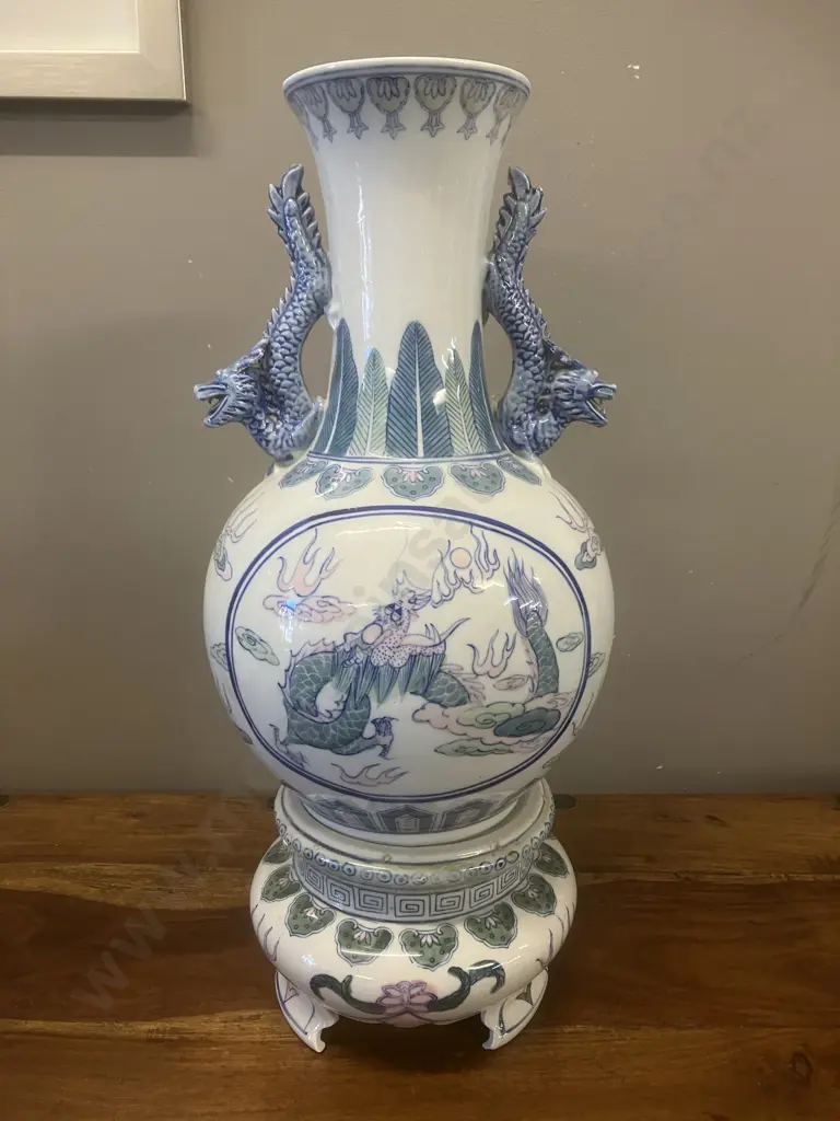 Chinese Porcelain Vase On Base With Dragon Handles. H45cm Image 1++