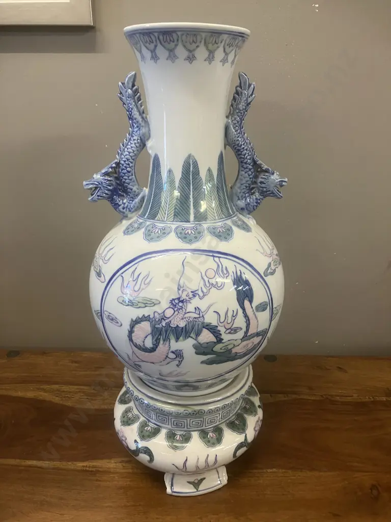 Chinese Porcelain Vase On Base With Dragon Handles. H45cm Image 1++