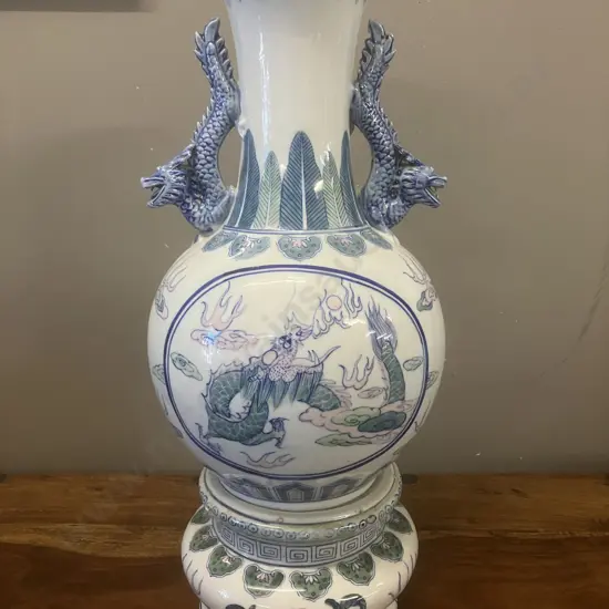 Chinese Porcelain Vase On Base With Dragon Handles. H45cm