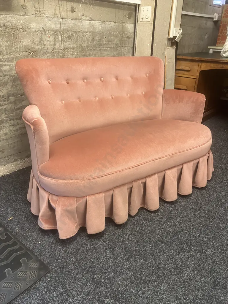 Vintage Pink Draylon Button Backed Curved Arm Sofa. 77 x 122cm Image 1++