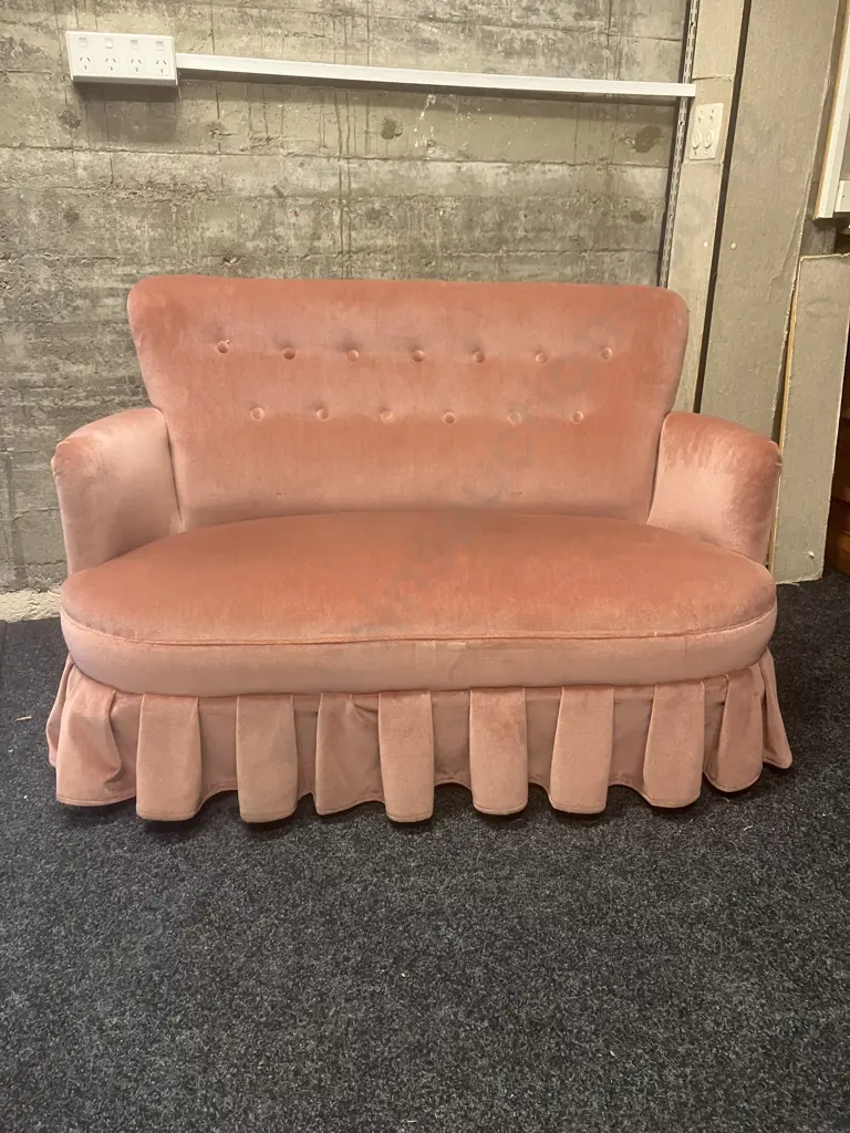 Vintage Pink Draylon Button Backed Curved Arm Sofa. 77 x 122cm Image 1++