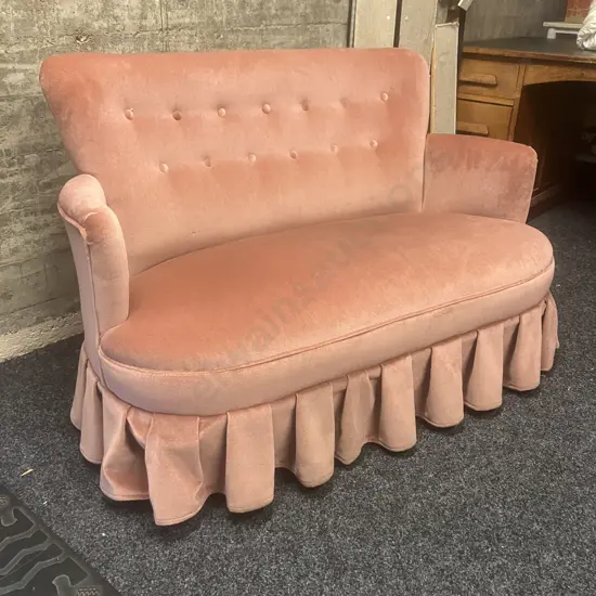Vintage Pink Draylon Button Backed Curved Arm Sofa. 77 x 122cm