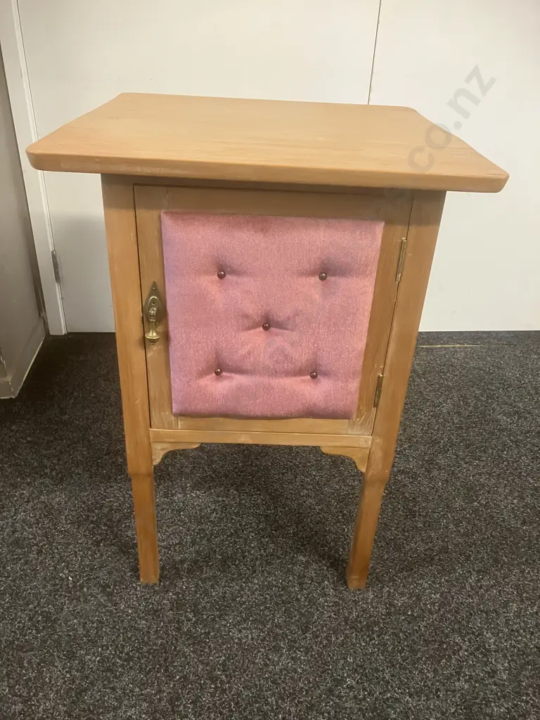 Rimu Bedside With Pink Button Backed Upholstered Door. H72 W50.5 D50cm Image 1++