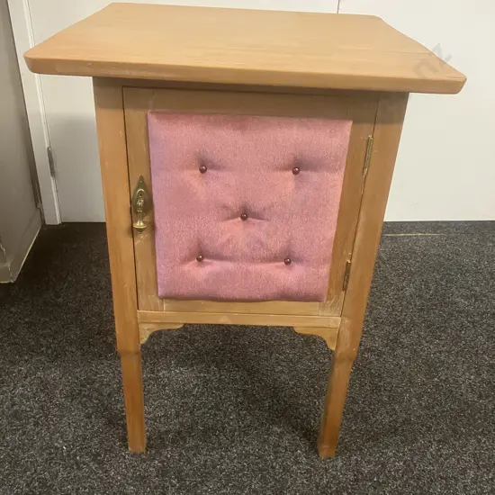 Rimu Bedside With Pink Button Backed Upholstered Door. H72 W50.5 D50cm