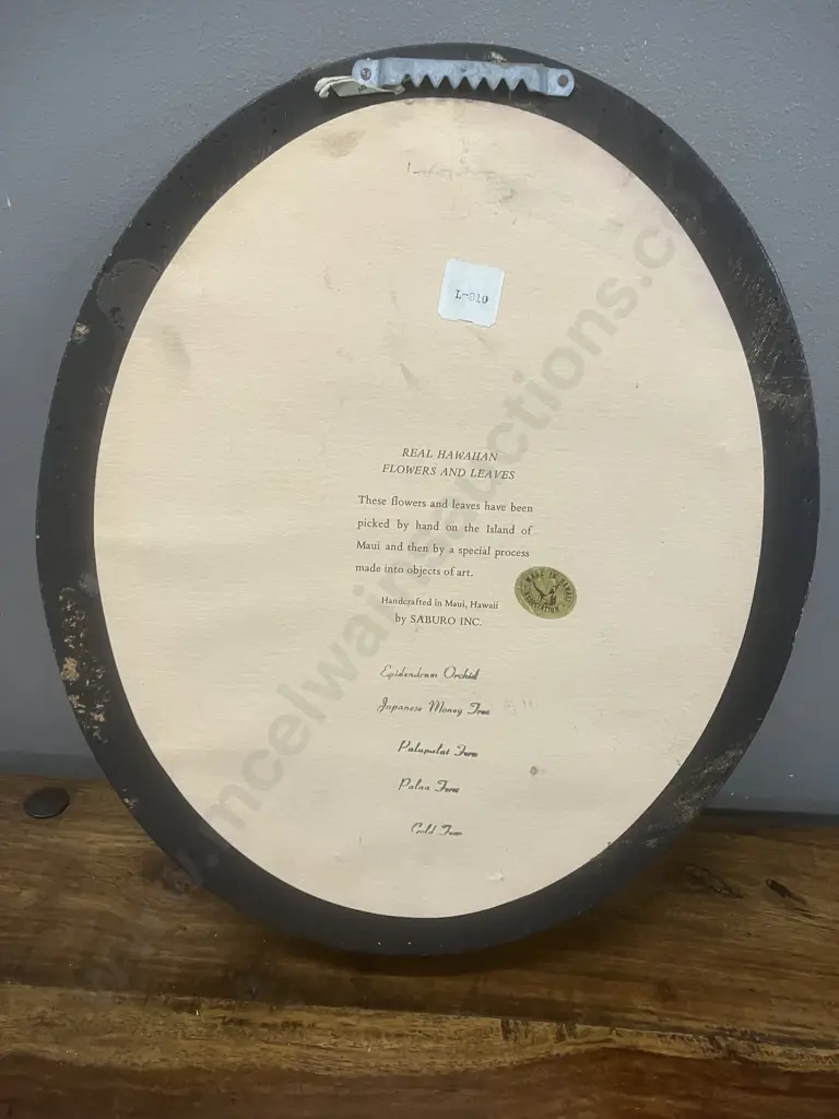 Vintage Saburo Hawaiian Real Flowers & Leaves 24K Gold, Framed Oval Dome Image 1++