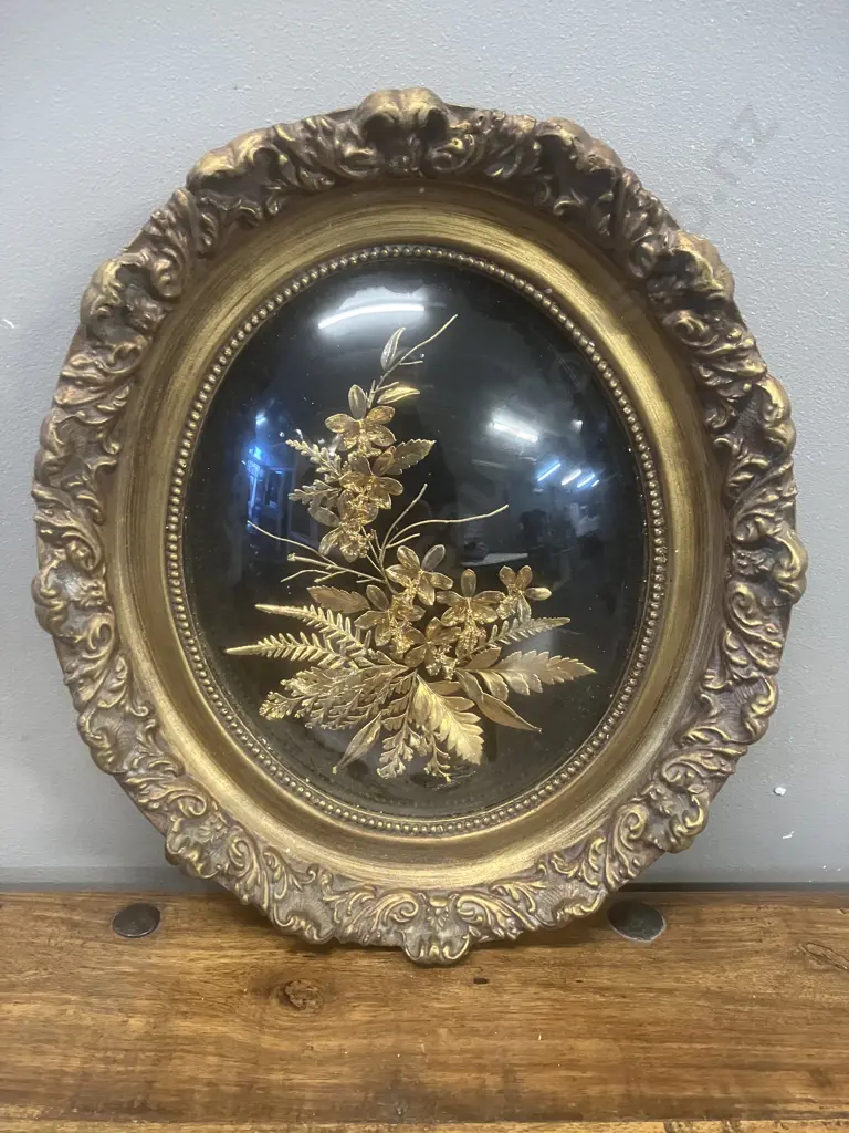 Vintage Saburo Hawaiian Real Flowers & Leaves 24K Gold, Framed Oval Dome Image 1++
