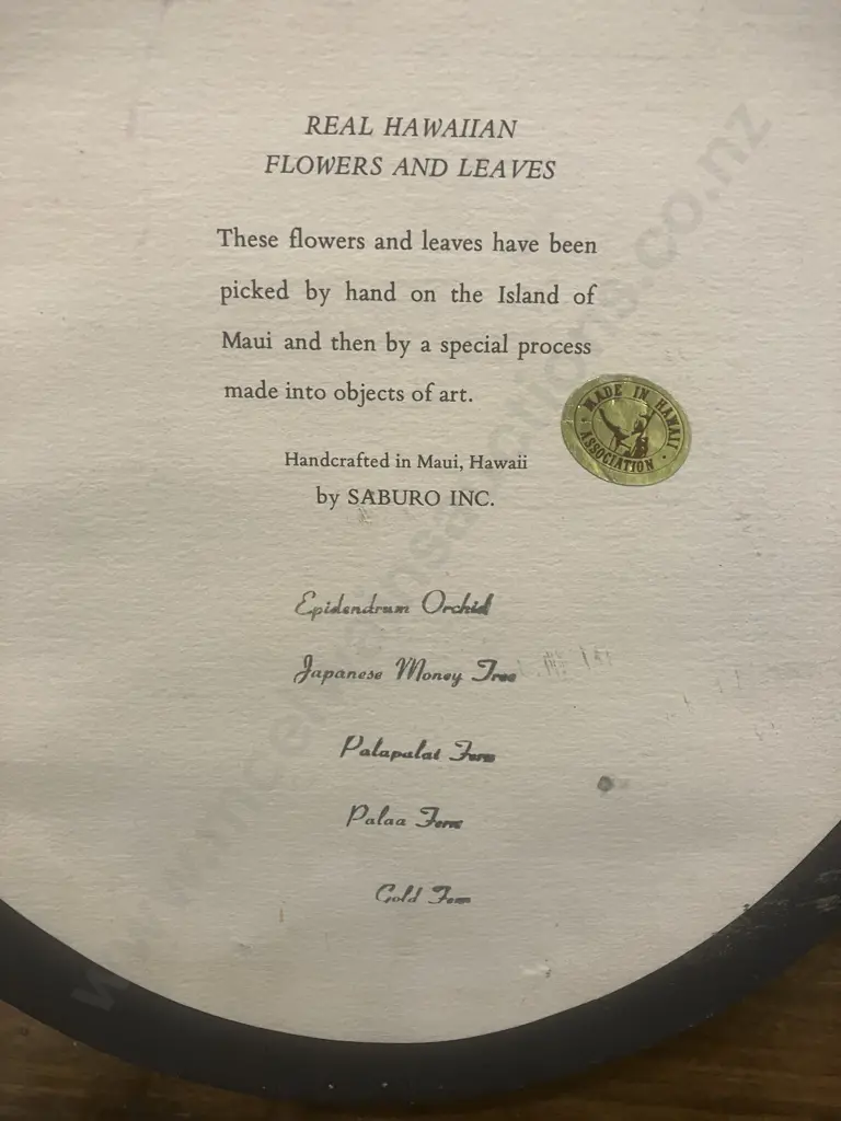Vintage Saburo Hawaiian Real Flowers & Leaves 24K Gold, Framed Oval Dome Image 1++