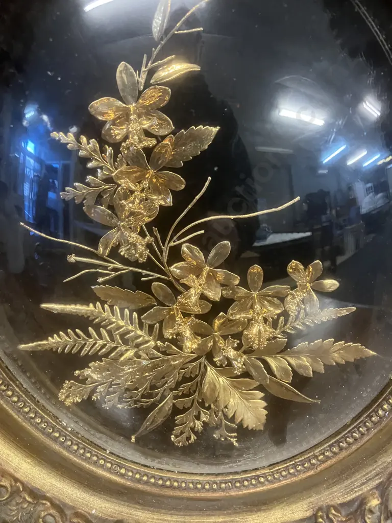 Vintage Saburo Hawaiian Real Flowers & Leaves 24K Gold, Framed Oval Dome Image 1++
