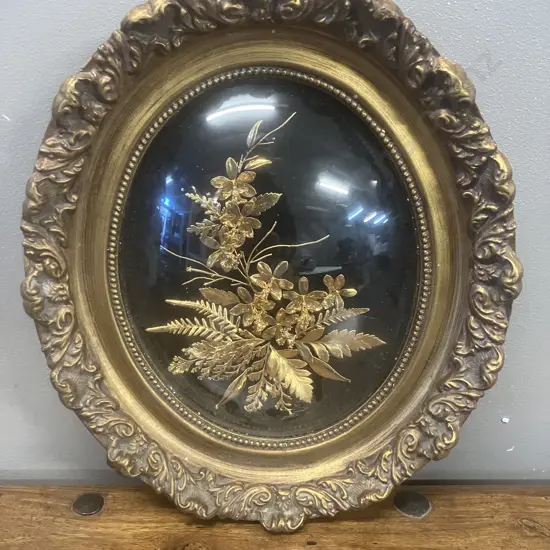 Vintage Saburo Hawaiian Real Flowers & Leaves 24K Gold, Framed Oval Dome