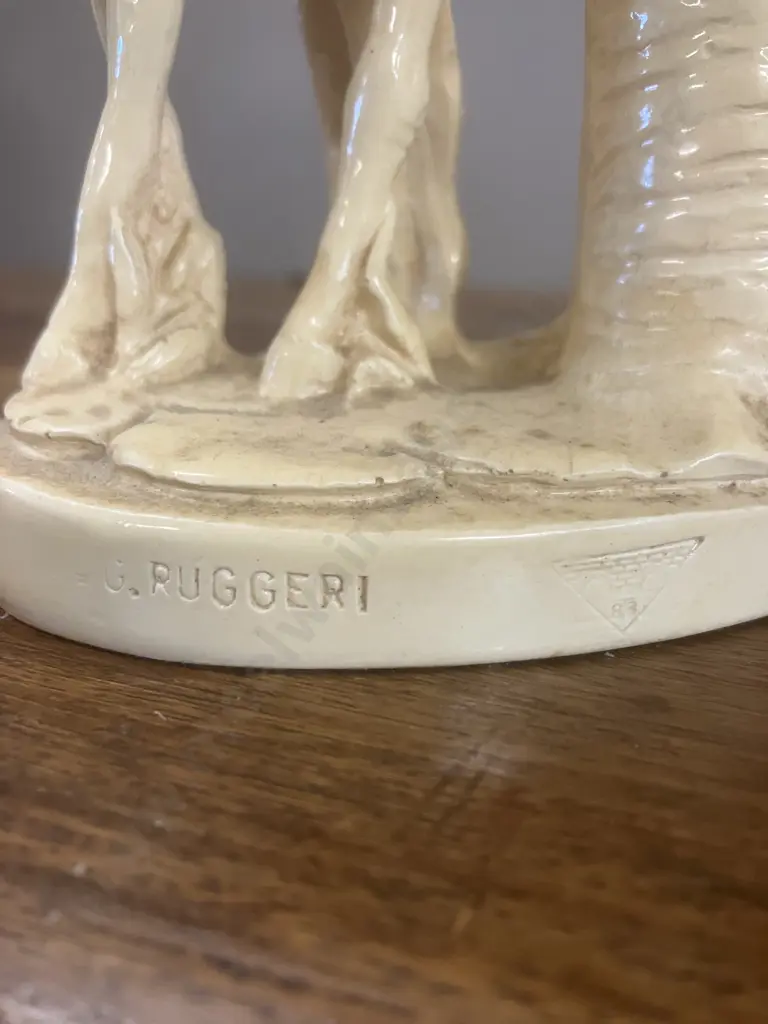 Vintage Marble Art (NZ) Table Lamp - G. Ruggeri Base Figural Mare & Foal Under, Resin With Fabric Shade. 43cm Image 1++