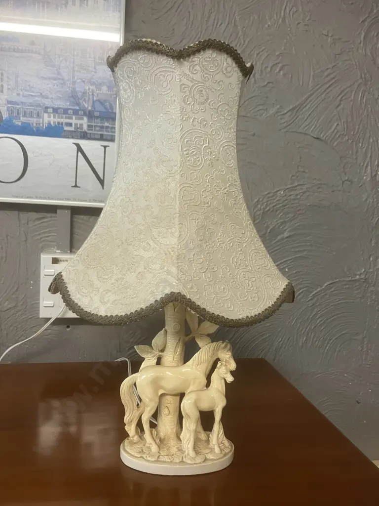 Vintage Marble Art (NZ) Table Lamp - G. Ruggeri Base Figural Mare & Foal Under, Resin With Fabric Shade. 43cm Image 1++