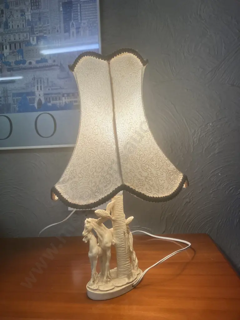 Vintage Marble Art (NZ) Table Lamp - G. Ruggeri Base Figural Mare & Foal Under, Resin With Fabric Shade. 43cm Image 1++