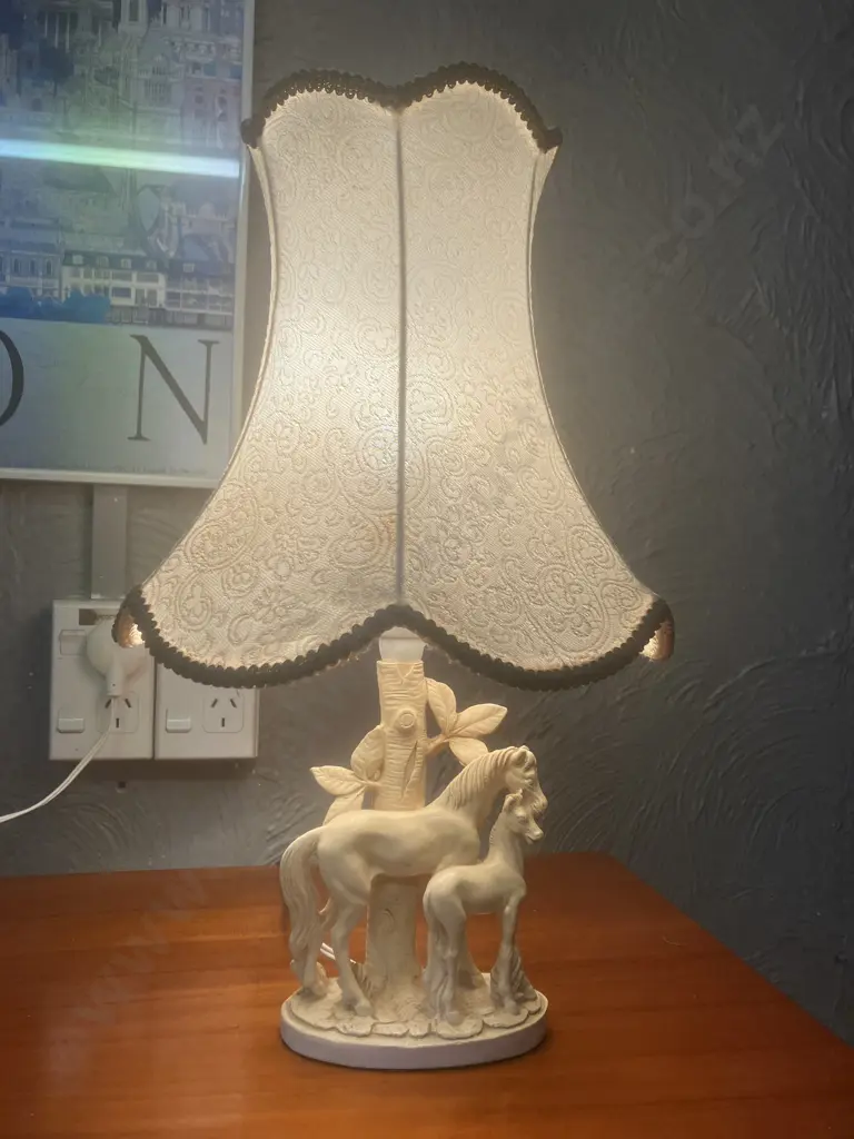 Vintage Marble Art (NZ) Table Lamp - G. Ruggeri Base Figural Mare & Foal Under, Resin With Fabric Shade. 43cm Image 1++